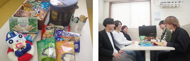 R.Yさんと同期が談笑しながら休憩している写真と休憩中に食べることのできるお菓子の写真